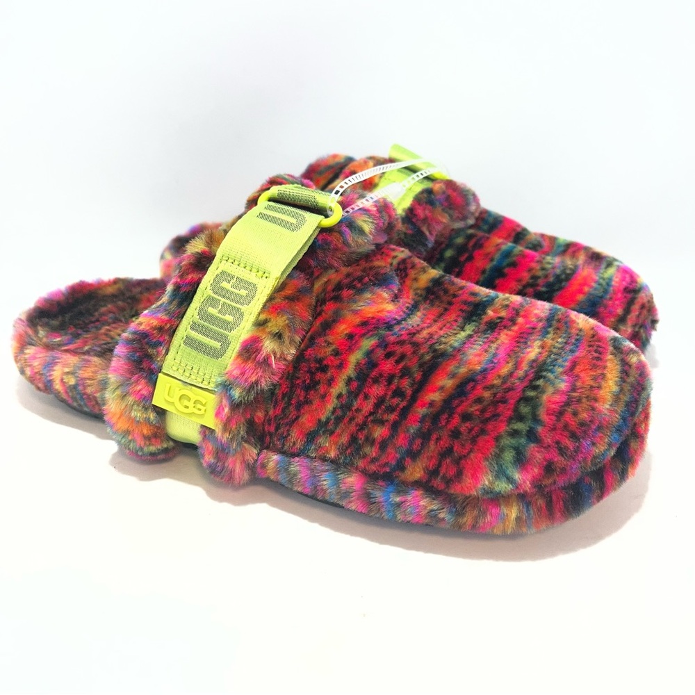 UGG Fluff It Pixelate Slides Men 10 NWT Multicolor Faux Fur Slippers 1131550